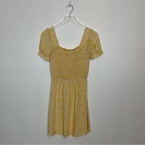 BP dress, yellow with white clover pattern, smocked top